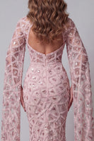 Load image into Gallery viewer, Sparkly Blush Mermaid Open Back High Neck Long Beaded Formal Dress with Cape