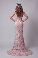 Load image into Gallery viewer, Sparkly Blush High Neck Long Beaded Ruched Mermaid Formal Dress with Fringes