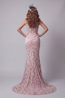 Sparkly Blush High Neck Long Beaded Ruched Mermaid Formal Dress with Fringes