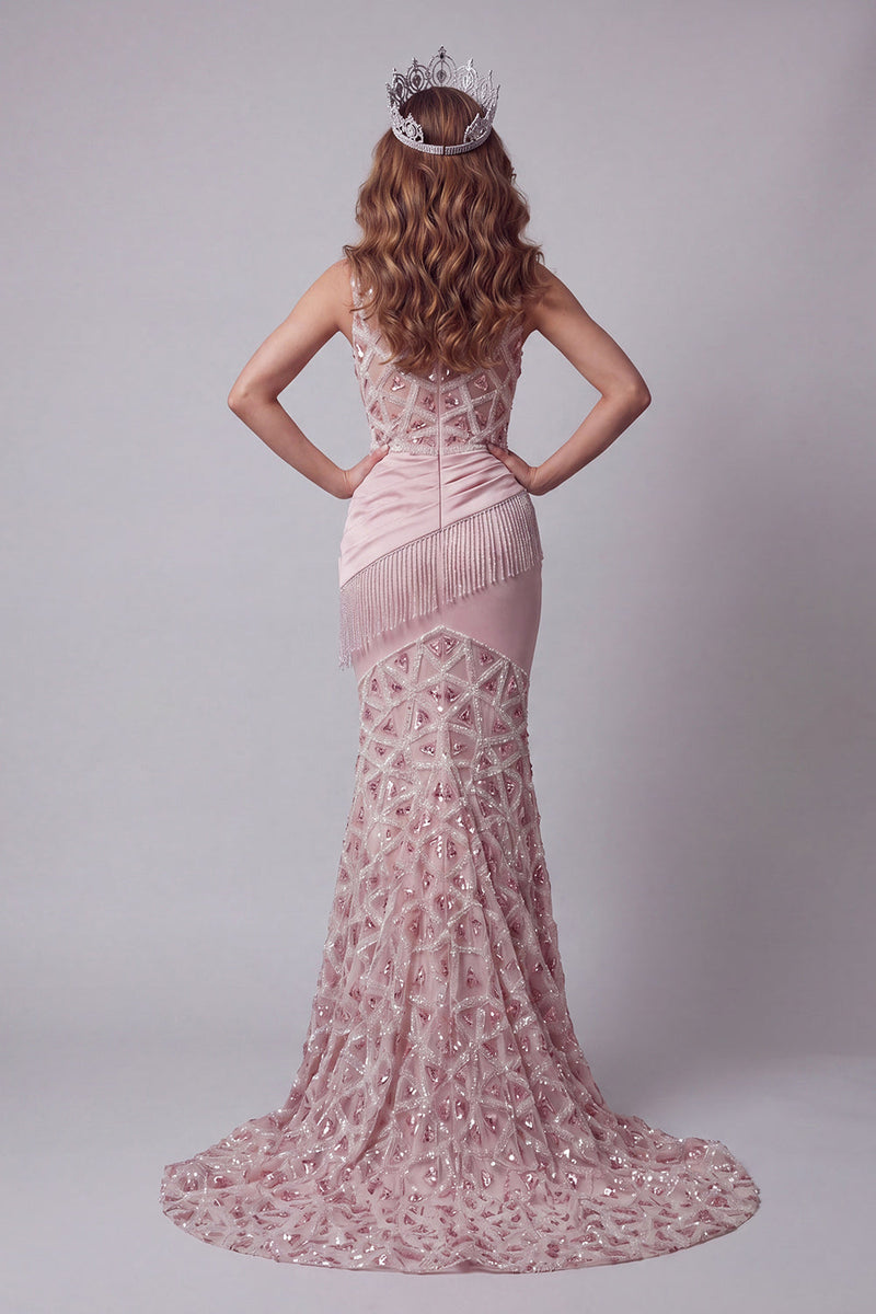 Load image into Gallery viewer, Sparkly Blush High Neck Long Beaded Ruched Mermaid Formal Dress with Fringes