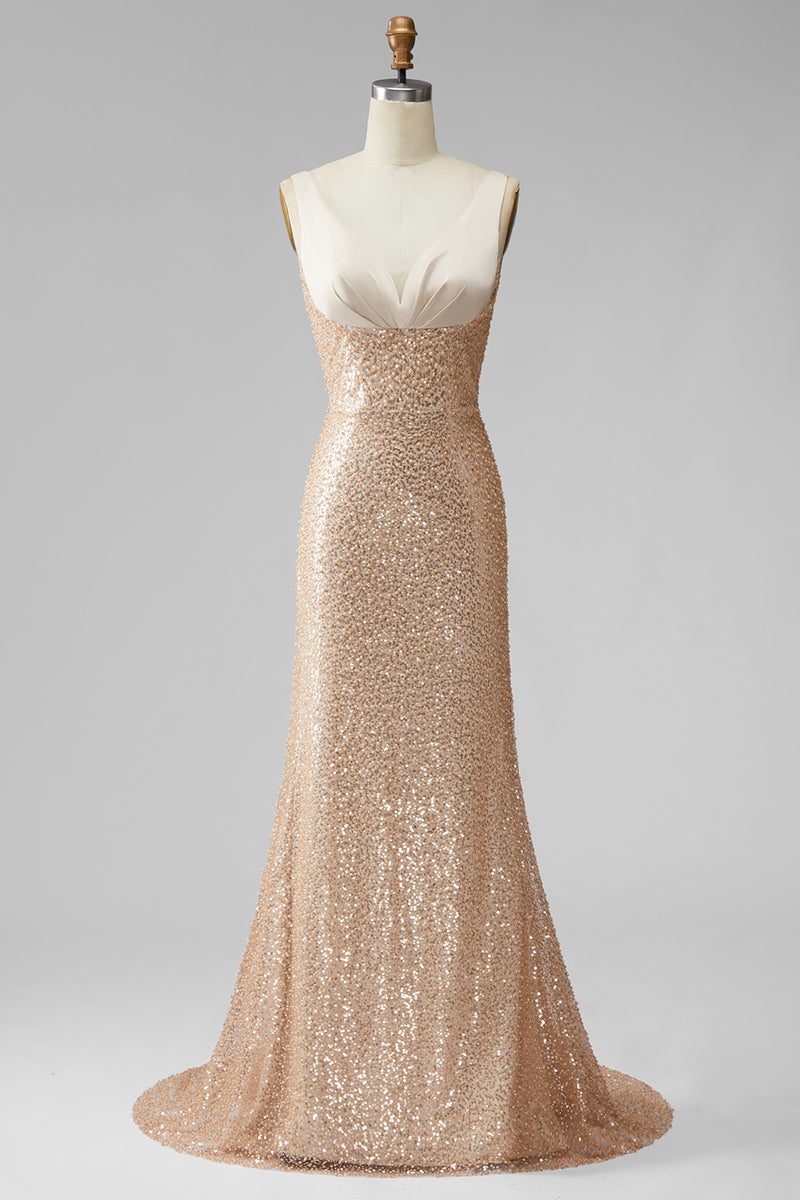 Load image into Gallery viewer, Sparkly Champagne Mermaid V-Neck Beaded Long Formal Dress with Pearls