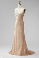 Load image into Gallery viewer, Sparkly Champagne Mermaid V-Neck Beaded Long Formal Dress with Pearls