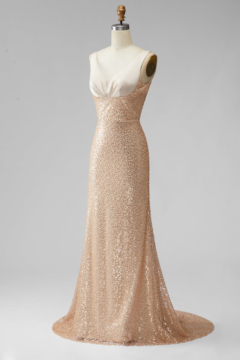 Load image into Gallery viewer, Sparkly Champagne Mermaid V-Neck Beaded Long Formal Dress with Pearls
