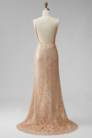 Load image into Gallery viewer, Sparkly Champagne Mermaid V-Neck Beaded Long Formal Dress with Pearls