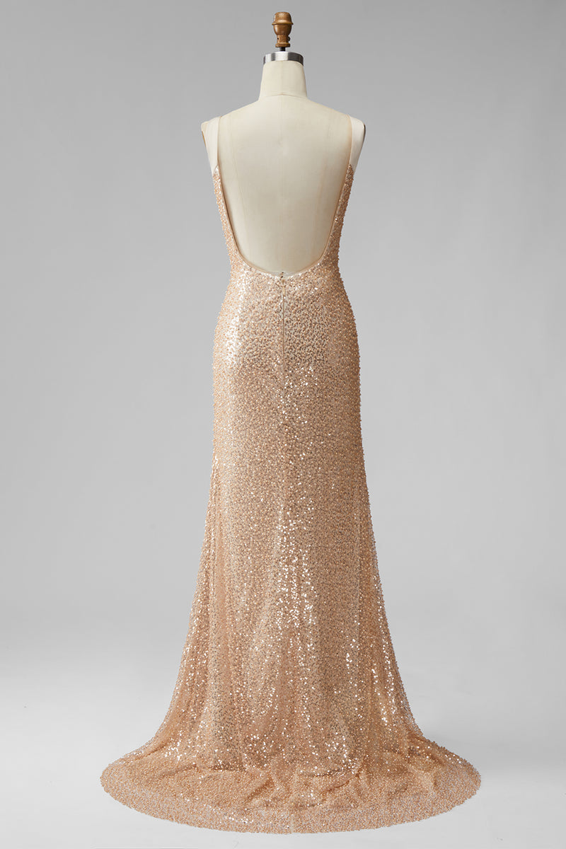 Load image into Gallery viewer, Sparkly Champagne Mermaid V-Neck Beaded Long Formal Dress with Pearls