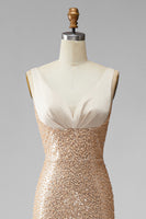 Load image into Gallery viewer, Sparkly Champagne Mermaid V-Neck Beaded Long Formal Dress with Pearls