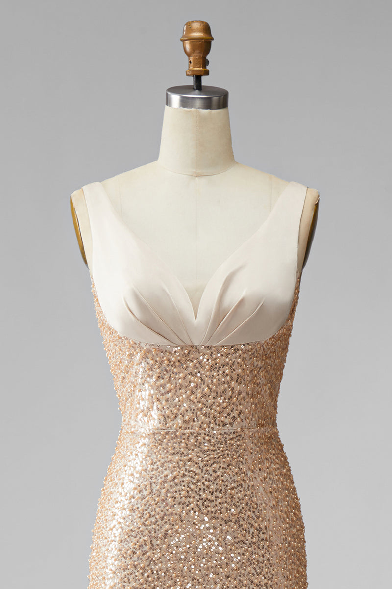 Load image into Gallery viewer, Sparkly Champagne Mermaid V-Neck Beaded Long Formal Dress with Pearls