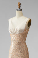 Load image into Gallery viewer, Sparkly Champagne Mermaid V-Neck Beaded Long Formal Dress with Pearls