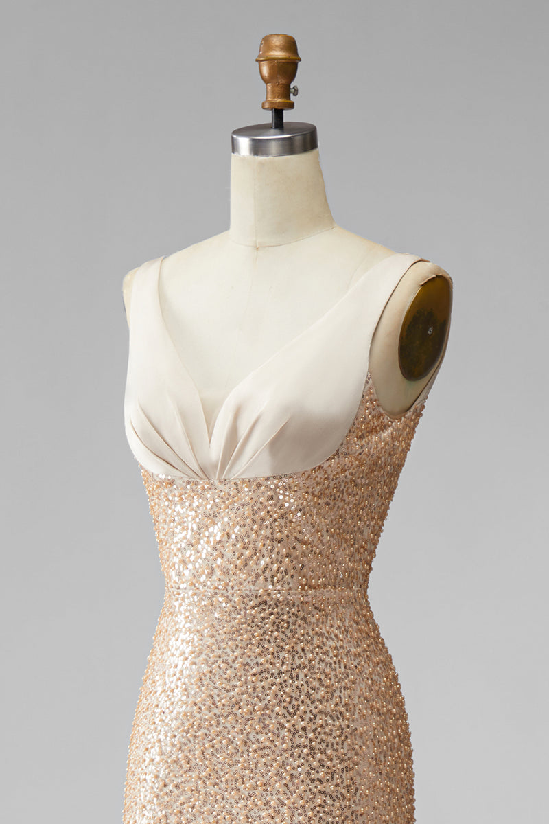 Load image into Gallery viewer, Sparkly Champagne Mermaid V-Neck Beaded Long Formal Dress with Pearls