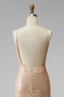 Load image into Gallery viewer, Sparkly Champagne Mermaid V-Neck Beaded Long Formal Dress with Pearls