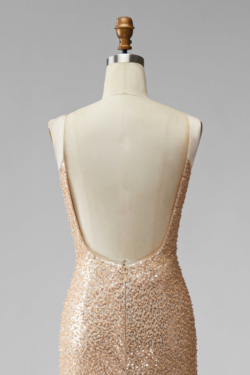 Load image into Gallery viewer, Sparkly Champagne Mermaid V-Neck Beaded Long Formal Dress with Pearls