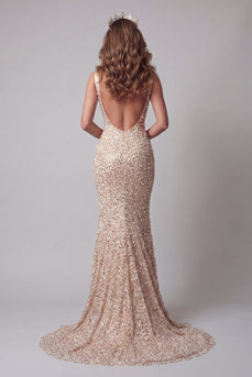 Sparkly Champagne Mermaid V-Neck Beaded Long Formal Dress with Pearls