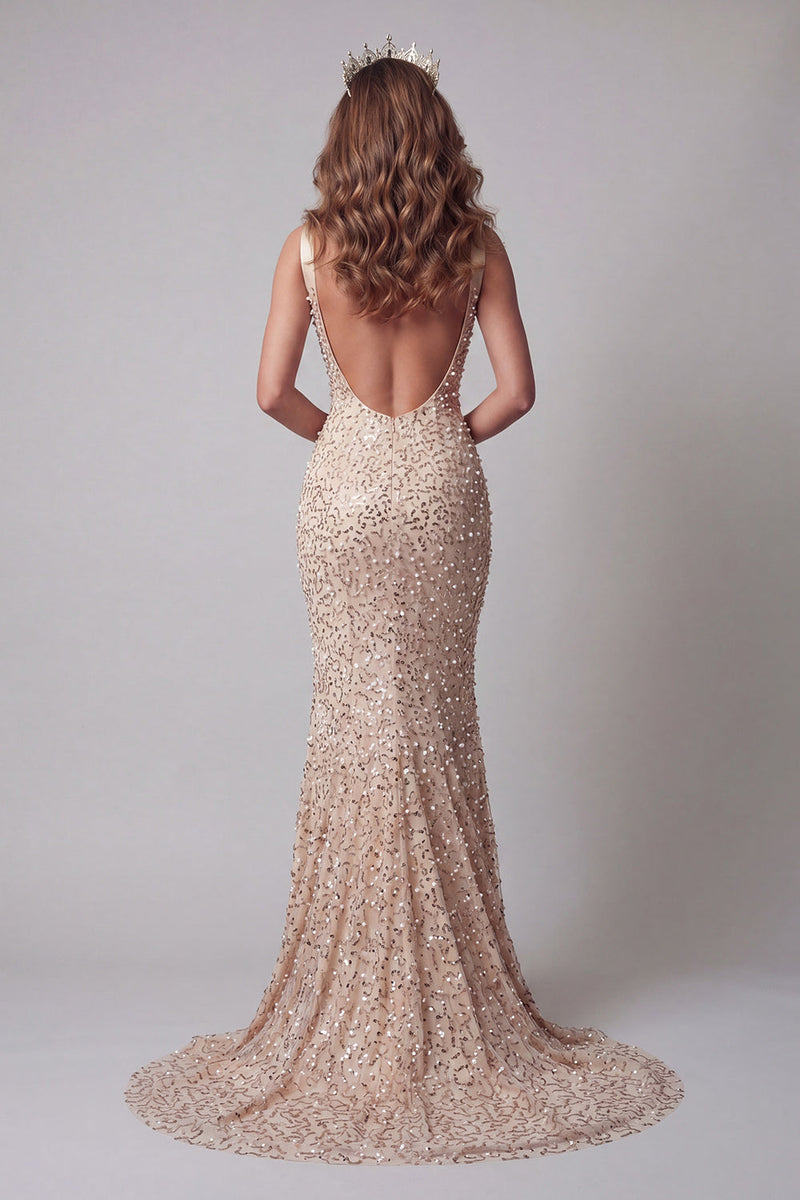 Load image into Gallery viewer, Sparkly Champagne Mermaid V-Neck Beaded Long Formal Dress with Pearls