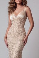 Load image into Gallery viewer, Sparkly Champagne Mermaid V-Neck Beaded Long Formal Dress with Pearls