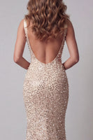 Load image into Gallery viewer, Sparkly Champagne Mermaid V-Neck Beaded Long Formal Dress with Pearls