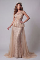 Load image into Gallery viewer, Sparkly Champagne Mermaid One Shoulder Long Beaded Formal Dress with Pearls