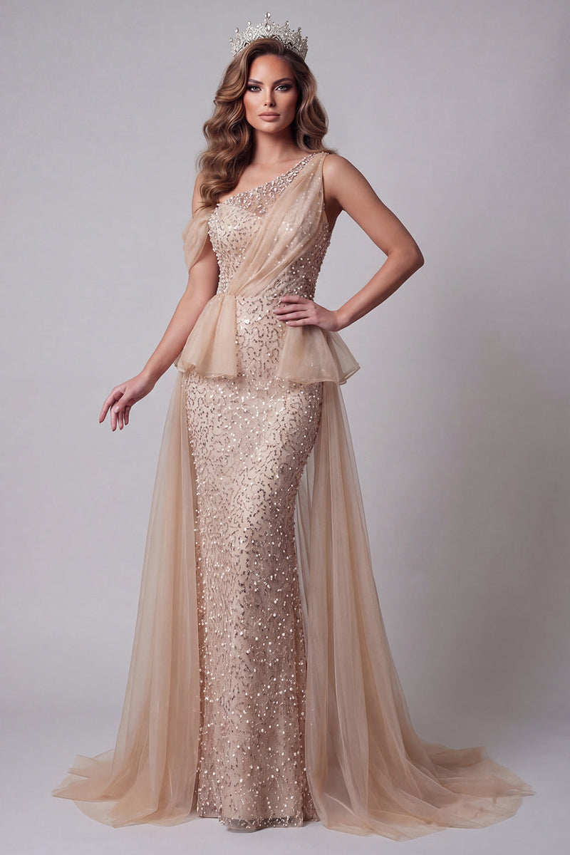 Load image into Gallery viewer, Sparkly Champagne Mermaid One Shoulder Long Beaded Formal Dress with Pearls