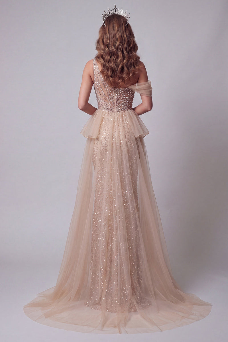 Load image into Gallery viewer, Sparkly Champagne Mermaid One Shoulder Long Beaded Formal Dress with Pearls