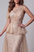 Load image into Gallery viewer, Sparkly Champagne Mermaid One Shoulder Long Beaded Formal Dress with Pearls