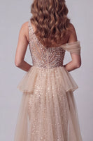 Load image into Gallery viewer, Sparkly Champagne Mermaid One Shoulder Long Beaded Formal Dress with Pearls