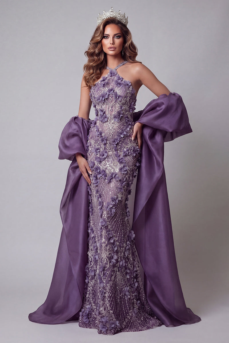 Load image into Gallery viewer, Sparkly Purple Mermaid Halter Floral Long Beaded Formal Dress with Cape