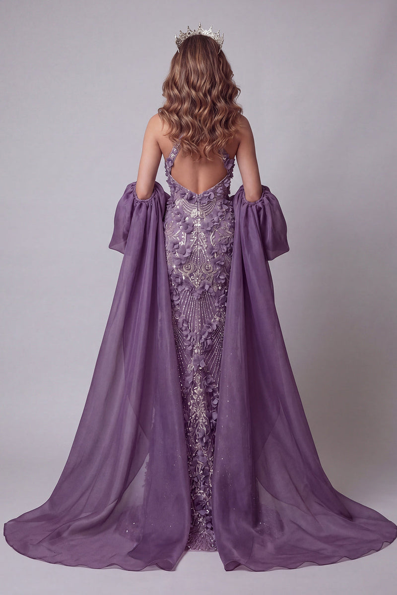 Load image into Gallery viewer, Sparkly Purple Mermaid Halter Floral Long Beaded Formal Dress with Cape
