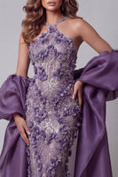 Load image into Gallery viewer, Sparkly Purple Mermaid Halter Floral Long Beaded Formal Dress with Cape
