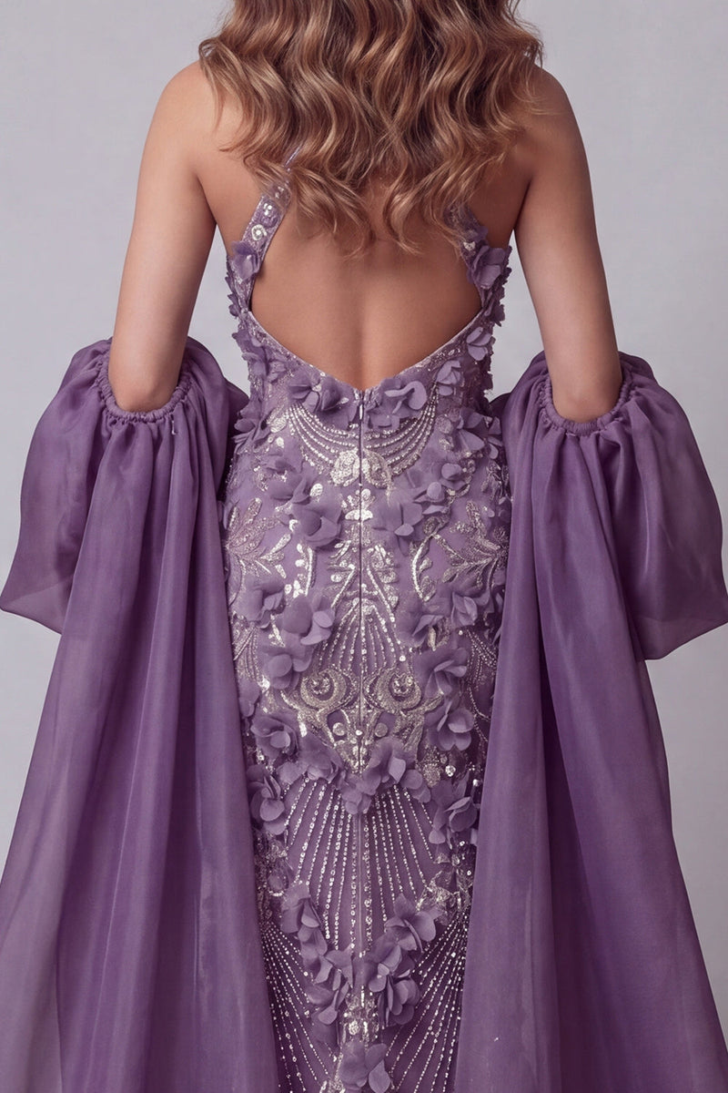 Load image into Gallery viewer, Sparkly Purple Mermaid Halter Floral Long Beaded Formal Dress with Cape