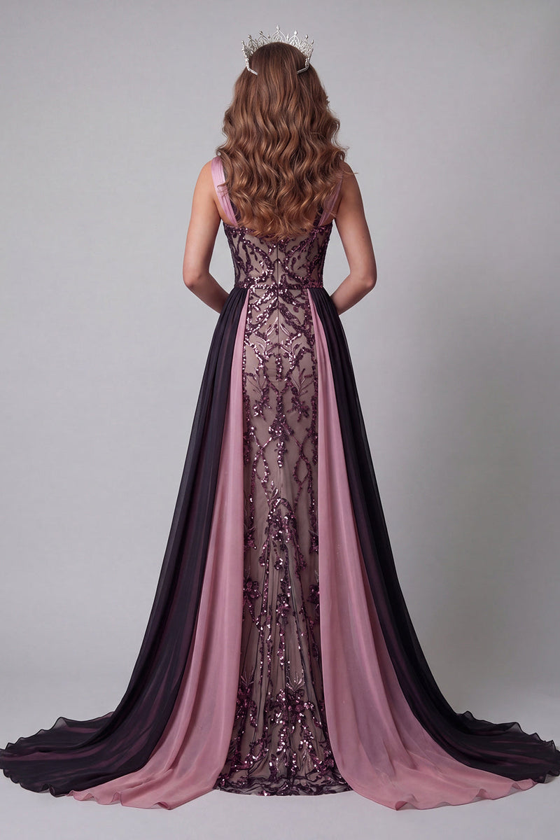 Load image into Gallery viewer, Sparkly Plum Color Block Patchwork Mermaid Beaded Long Formal Dress with Cape