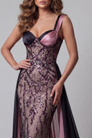 Load image into Gallery viewer, Sparkly Plum Color Block Patchwork Mermaid Beaded Long Formal Dress with Cape