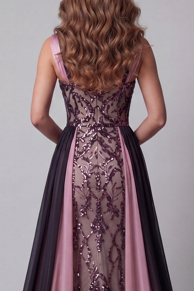 Load image into Gallery viewer, Sparkly Plum Color Block Patchwork Mermaid Beaded Long Formal Dress with Cape