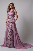 Load image into Gallery viewer, Sparkly Vintage Mauve Mermaid Floral Beaded Long Formal Dress with Cape