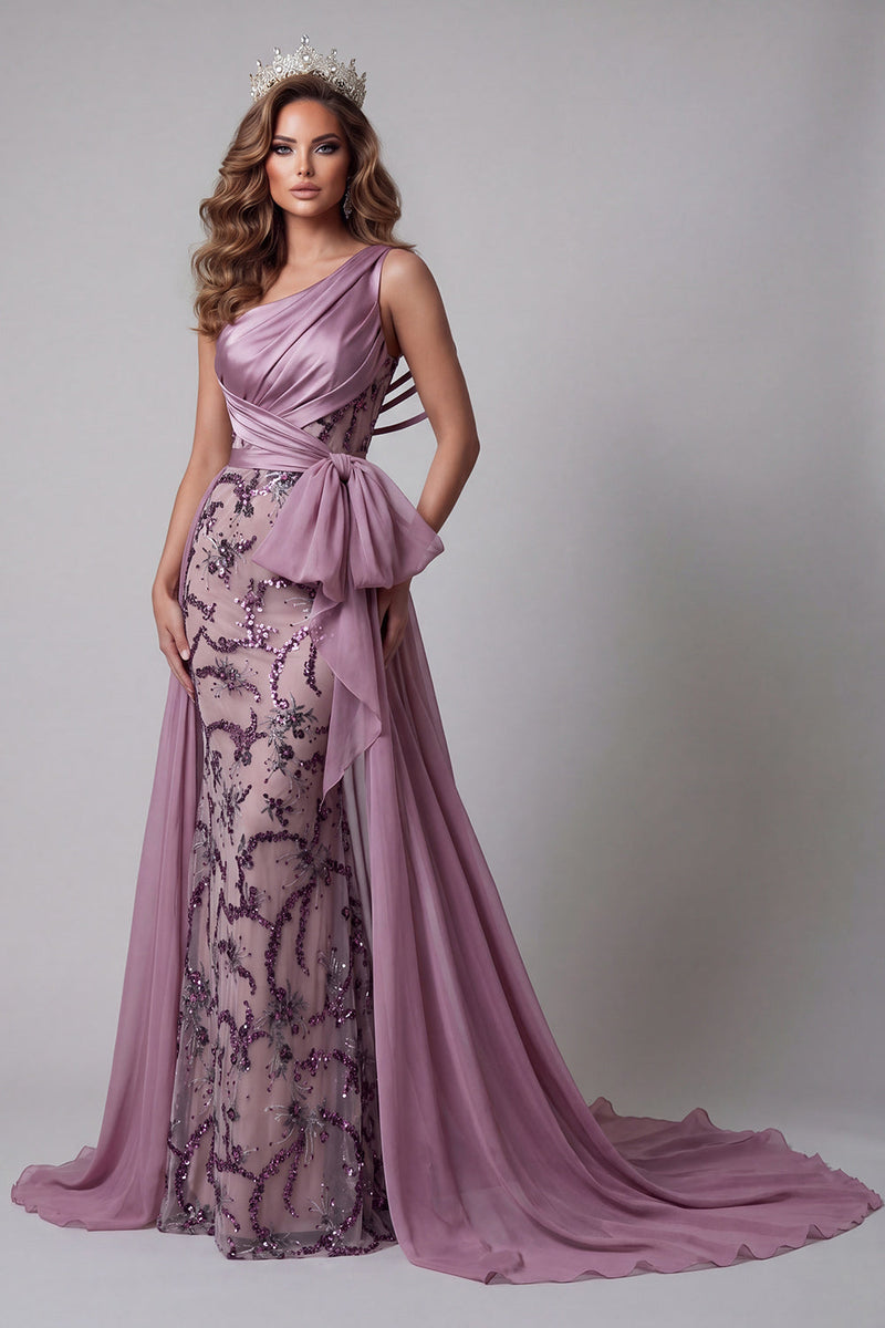 Load image into Gallery viewer, Sparkly Vintage Mauve Mermaid Floral Beaded Long Formal Dress with Cape