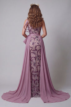 Sparkly Vintage Mauve Mermaid Floral Beaded Long Formal Dress with Cape