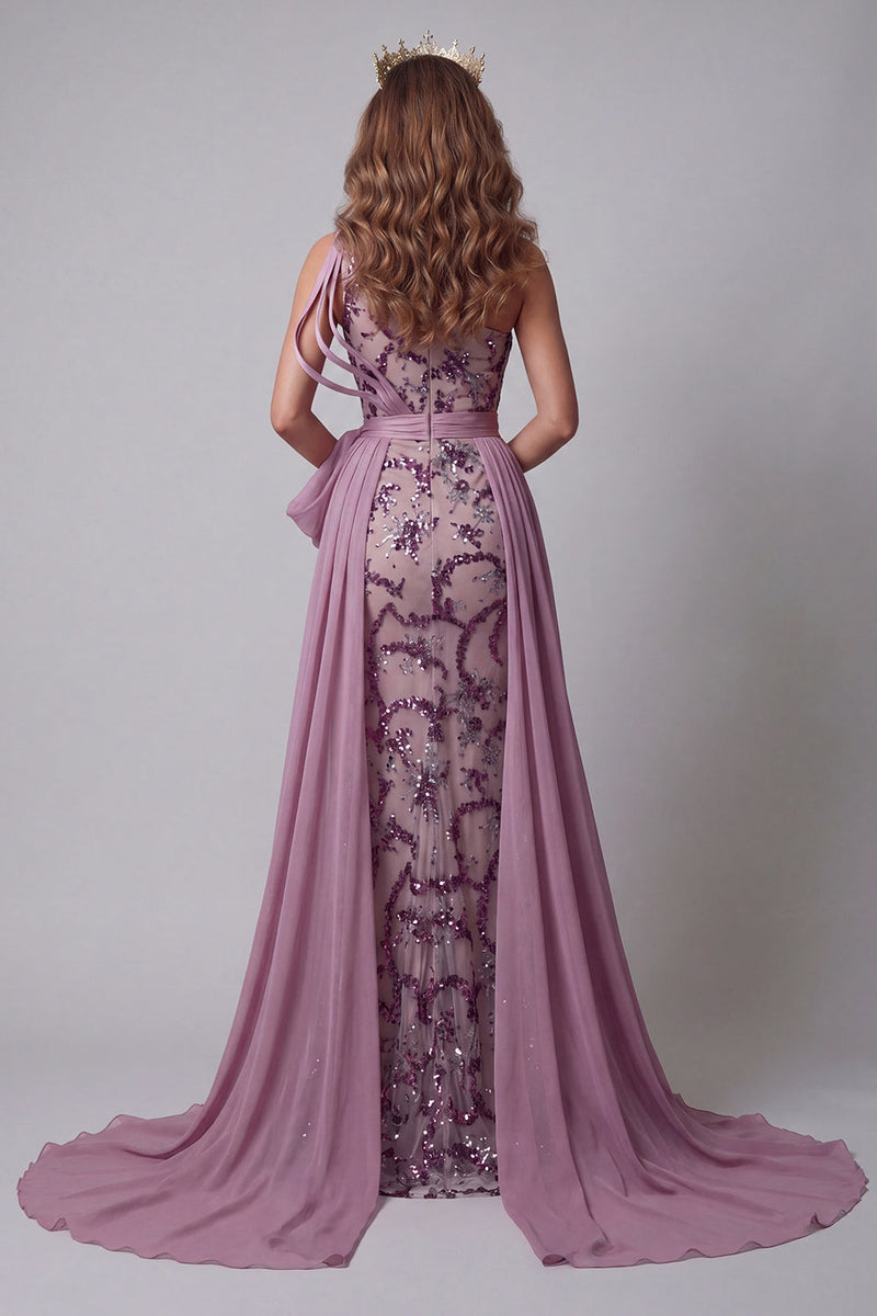 Load image into Gallery viewer, Sparkly Vintage Mauve Mermaid Floral Beaded Long Formal Dress with Cape
