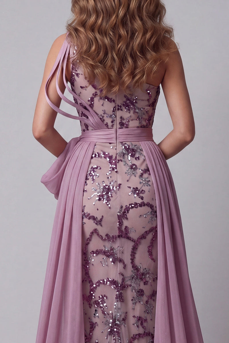 Load image into Gallery viewer, Sparkly Vintage Mauve Mermaid Floral Beaded Long Formal Dress with Cape
