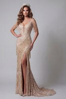 Load image into Gallery viewer, Sparkly Champagne Mermaid V-Neck Beaded Long Formal Dress with Fringes