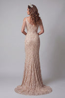 Load image into Gallery viewer, Sparkly Champagne Mermaid V-Neck Beaded Long Formal Dress with Fringes