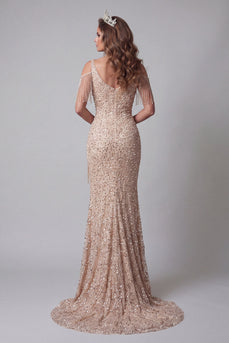 Sparkly Champagne Mermaid V-Neck Beaded Long Formal Dress with Fringes