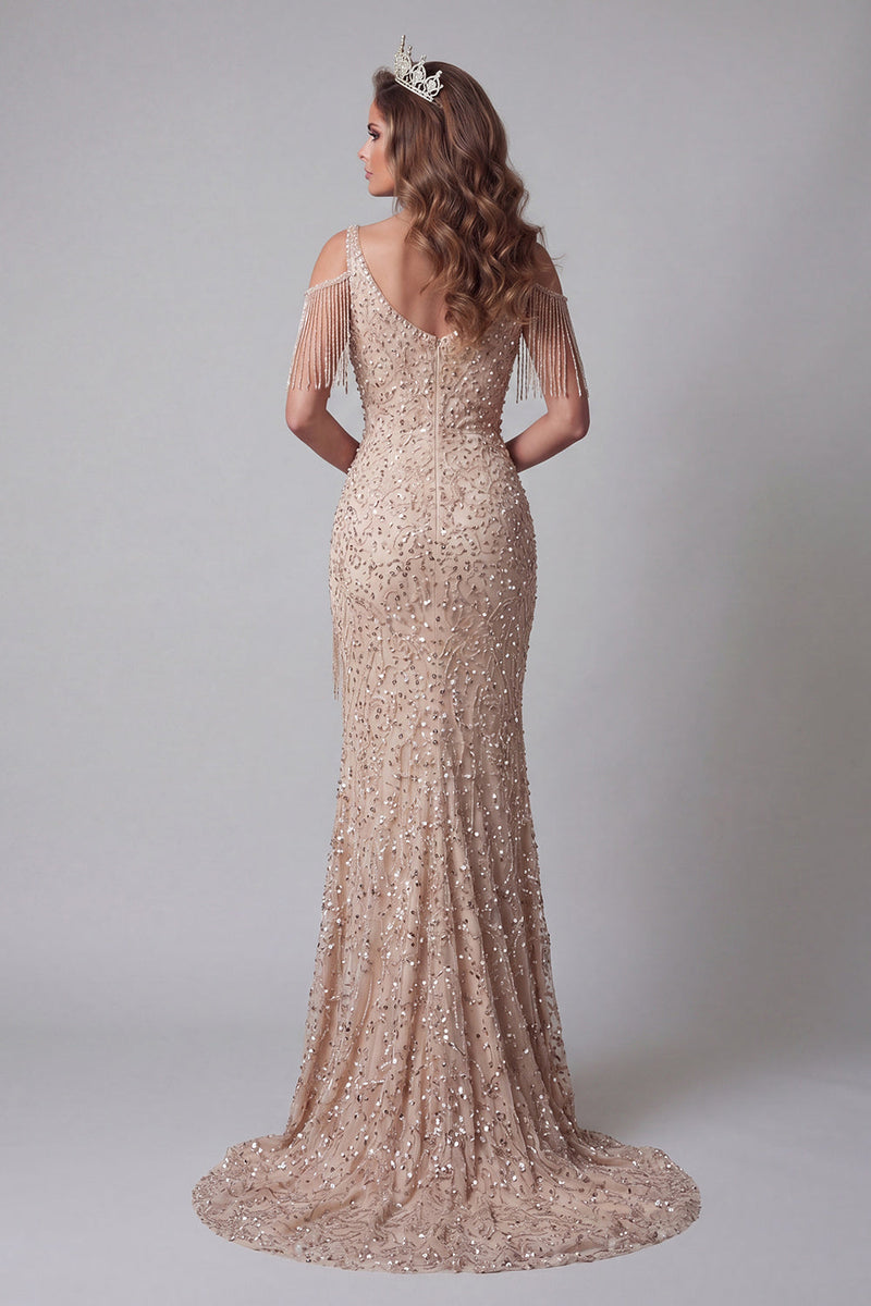 Load image into Gallery viewer, Sparkly Champagne Mermaid V-Neck Beaded Long Formal Dress with Fringes