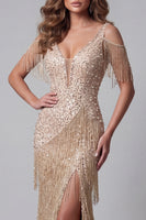 Load image into Gallery viewer, Sparkly Champagne Mermaid V-Neck Beaded Long Formal Dress with Fringes