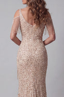 Load image into Gallery viewer, Sparkly Champagne Mermaid V-Neck Beaded Long Formal Dress with Fringes
