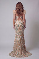 Load image into Gallery viewer, Sparkly Champagne Mermaid Beaded V-Neck Feathered Long Formal Dress with Slit