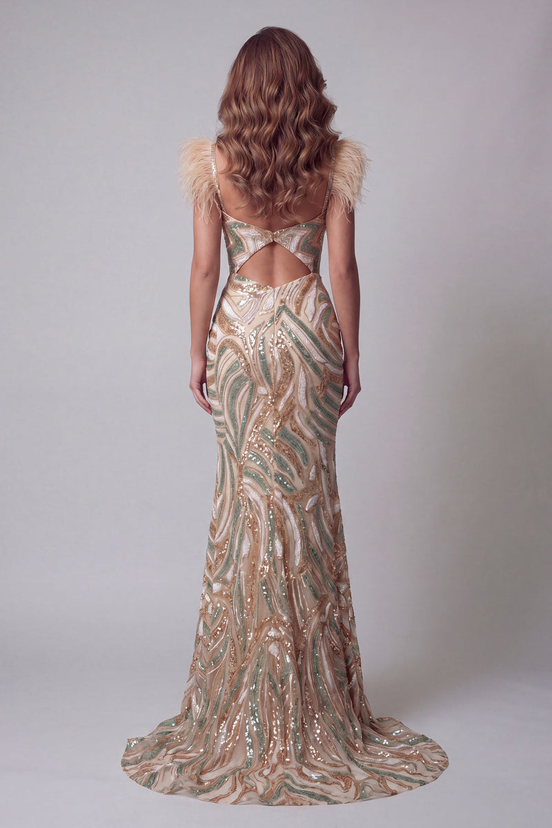 Load image into Gallery viewer, Sparkly Champagne Mermaid Beaded V-Neck Feathered Long Formal Dress with Slit