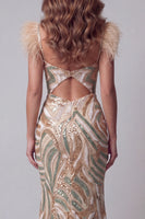 Load image into Gallery viewer, Sparkly Champagne Mermaid Beaded V-Neck Feathered Long Formal Dress with Slit