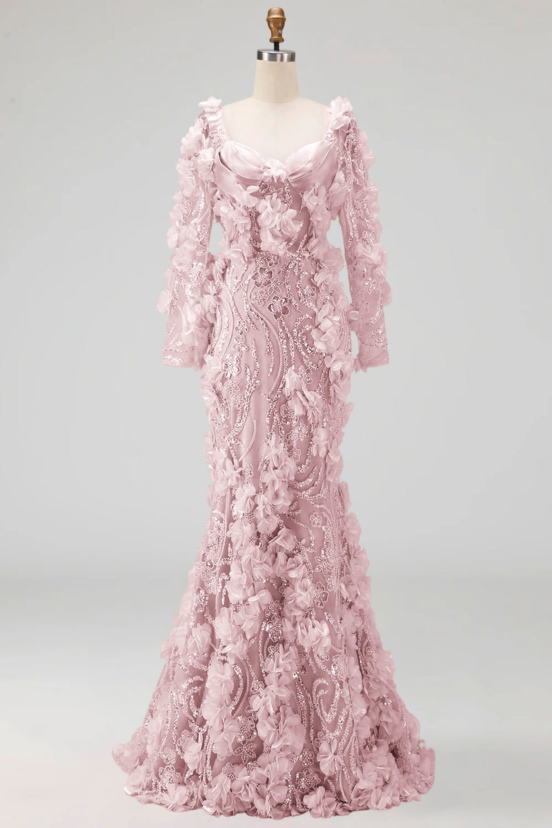 Load image into Gallery viewer, Sparkly Blush Mermaid Long Sleeves Long Beaded Floral Formal Dress