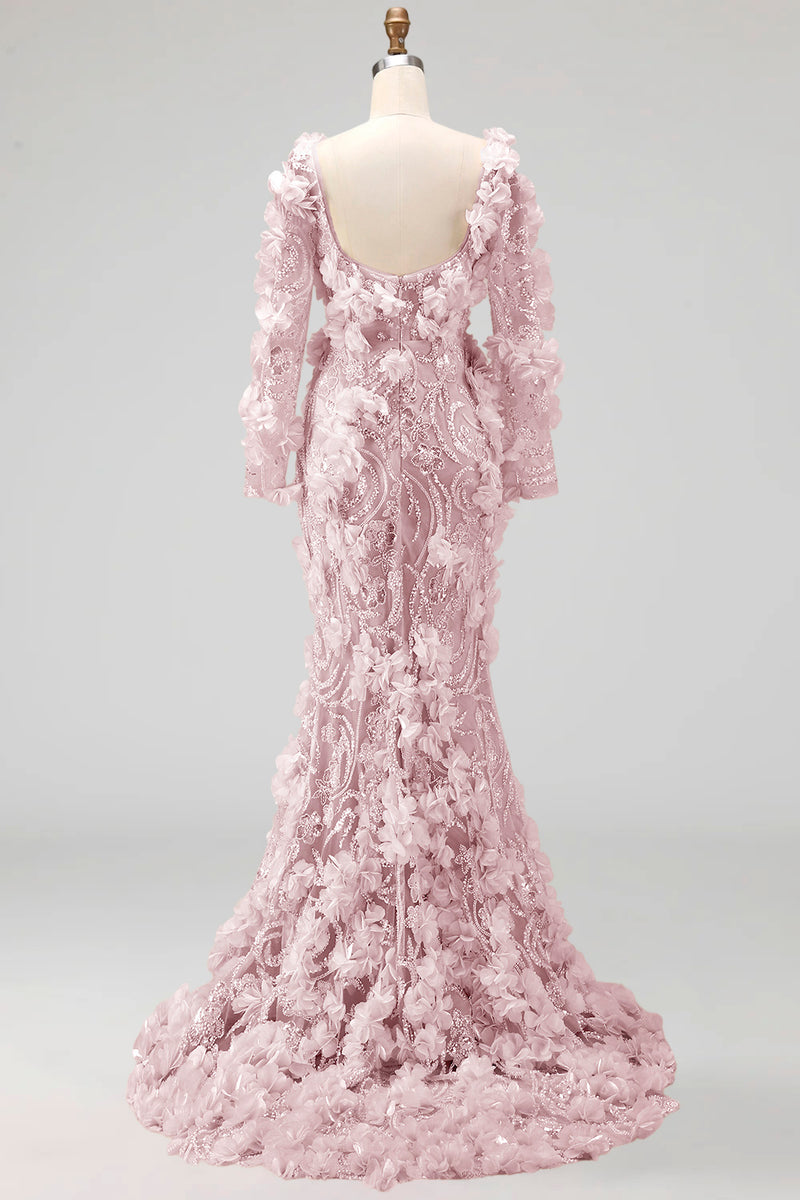 Load image into Gallery viewer, Sparkly Blush Mermaid Long Sleeves Long Beaded Floral Formal Dress