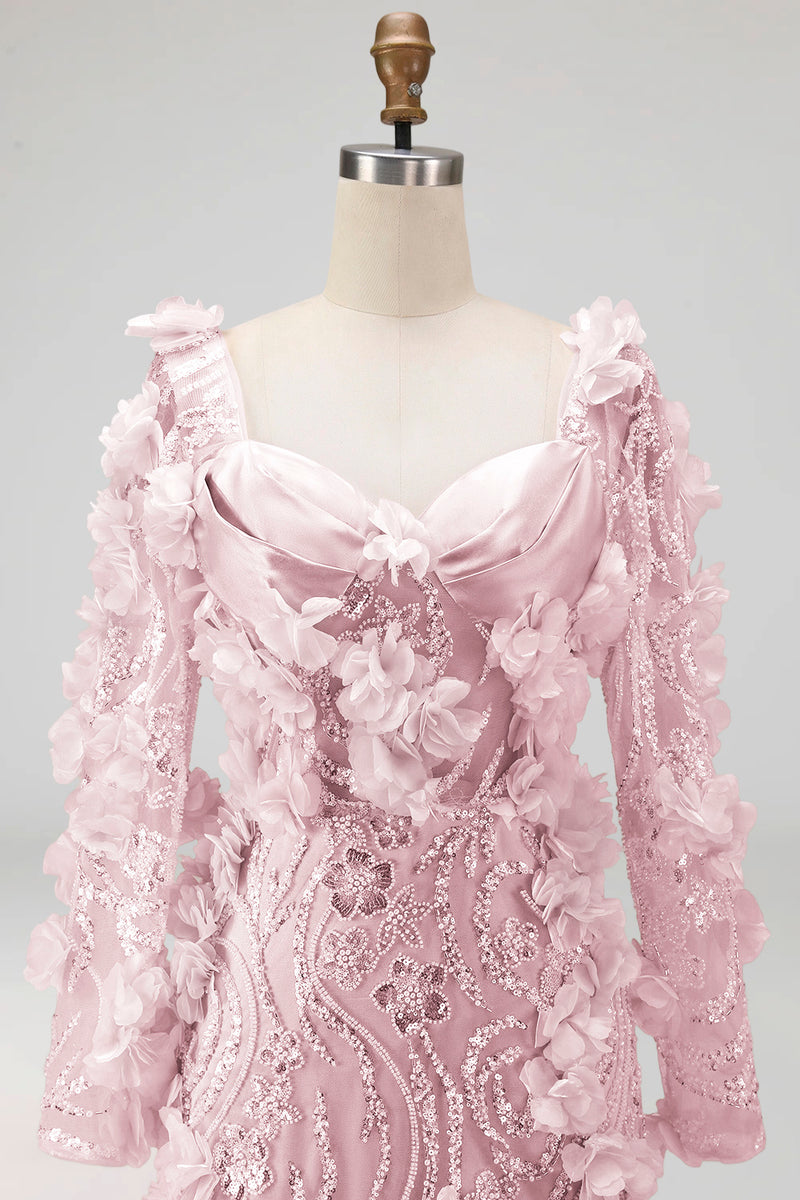 Load image into Gallery viewer, Sparkly Blush Mermaid Long Sleeves Long Beaded Floral Formal Dress