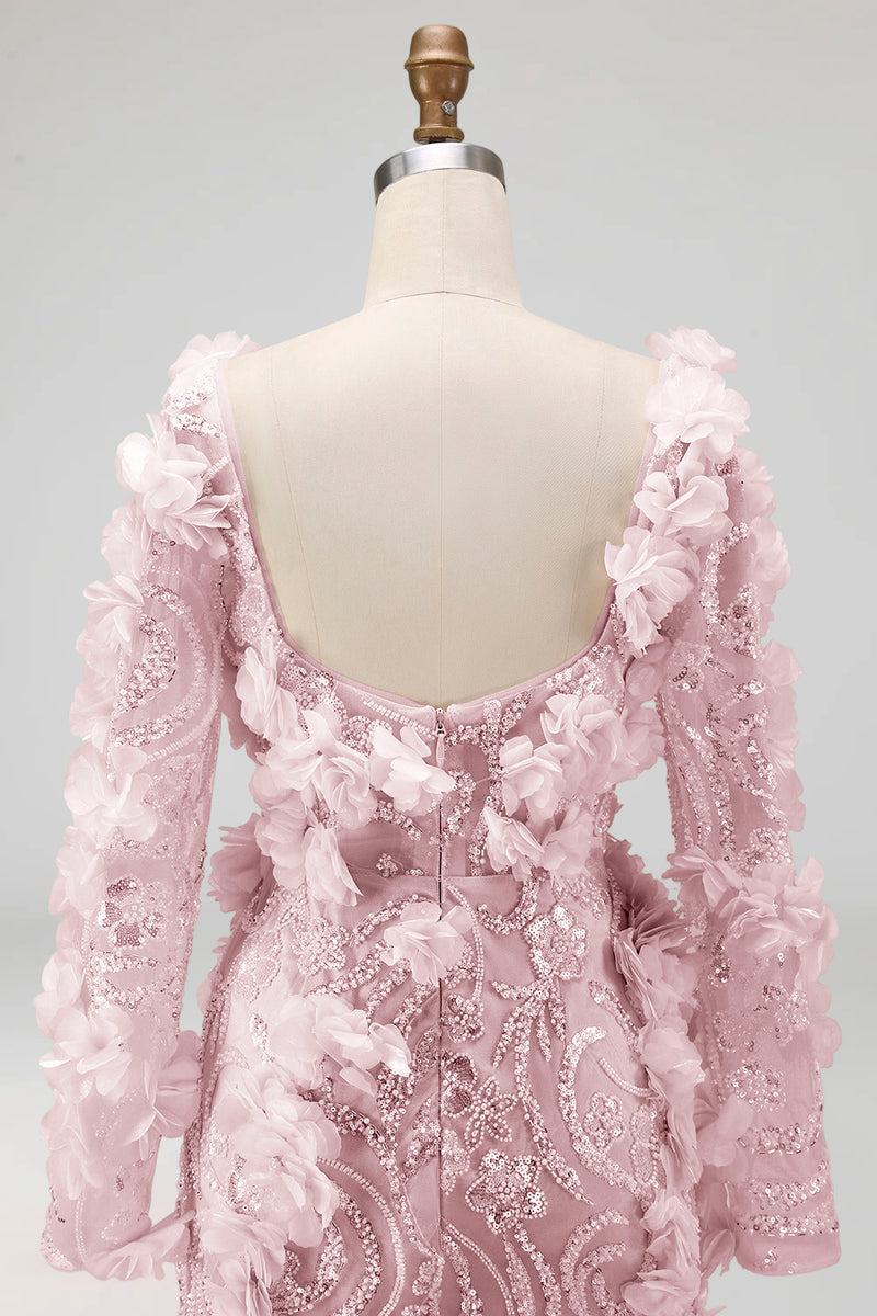 Load image into Gallery viewer, Sparkly Blush Mermaid Long Sleeves Long Beaded Floral Formal Dress