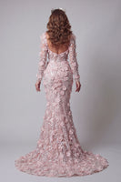 Load image into Gallery viewer, Sparkly Blush Mermaid Long Sleeves Long Beaded Floral Formal Dress